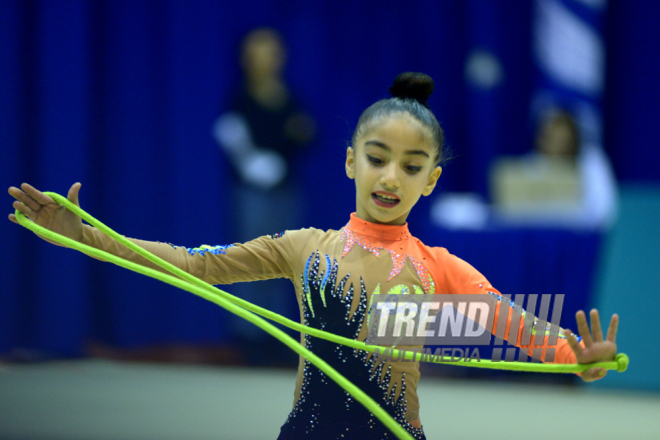 Bədii gimnastika üzrə XXII Bakı çempionatı və birinciliyi start götürüb. Bakı, Azərbaycan, 13 noyabr 2015